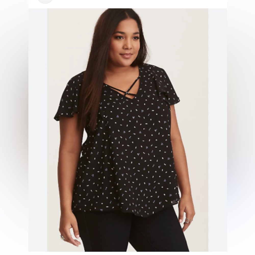 24 Torrid Black Confetti Criss Cross Georgette Blouse Flutter Sleeve 2X